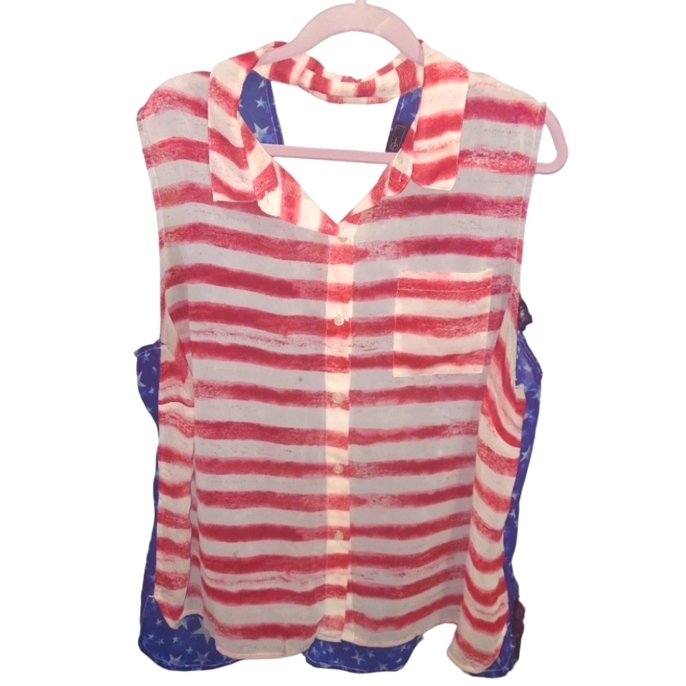 Jessica Simpson Semi Sheer Sleeveless Cut Out American Flag Top Sz 3X